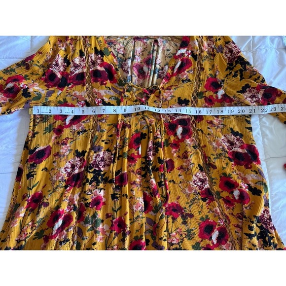 ODDY Women's Multicolor Yellow Floral Boho Hi-Low Baby Doll Top Sz L Oversized - Picture 5 of 8